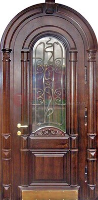 Арочная металлическая дверь массив со стеклом и ковкой ДА-50 в Рузе