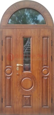 Двустворчатая железная дверь МДФ со стеклом в форме арки ДА-52 в Рузе