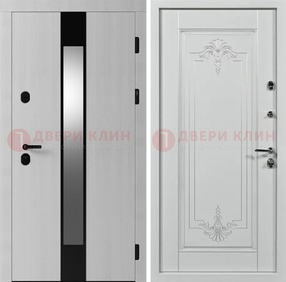 Белая металлическая дверь МДФ с зеркальной вставкой ДМ-324 в Рузе