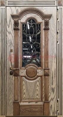 Железная дверь с массивом дуба со стеклом и ковкой ДМД-47 в Рузе