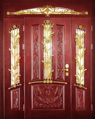 Бордовая железная парадная дверь со стеклом и ковкой ДПР-75 в Рузе