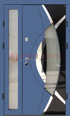 Синяя металлическая дверь со стеклом и узором ДС-13 в Рузе