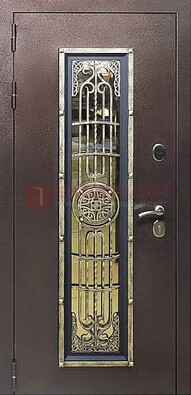 Железная дверь цвета медный антик со стеклом и ковкой ДСК-105 в Рузе
