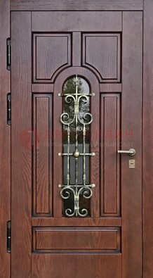 Cтальная дверь со стеклом и ковкой в коричневом цвете ДСК-119 в Рузе