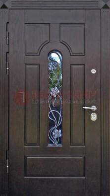 Металлическая дверь со стеклом и ковкой в цвете венге ДСК-142 в Рузе