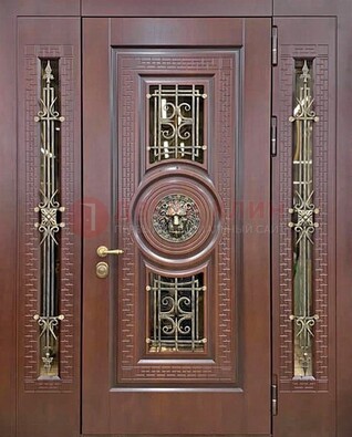 Коричневая стальная дверь со стеклом и ковкой ДСК-147 с фрамугами в Рузе