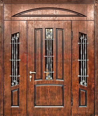 Стальная дверь со стеклом и ковкой с фрамугами ДСК-149 коричневая в Рузе
