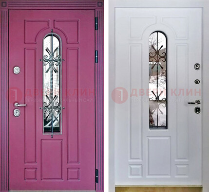 Розовая металлическая дверь со стеклом и ковкой ДСК-151 в Рузе