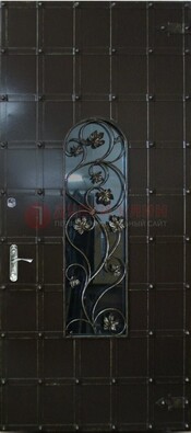 Высокая железная дверь со стеклом и ковкой ДСК-15 в Рузе