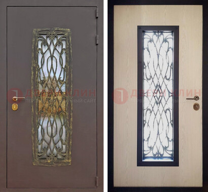 Уличная дверь порошок со стеклом и ковкой ДСК-168 коричневая 