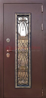 Коричневая стальная дверь порошок со стеклом и ковкой для дома ДСК-169 