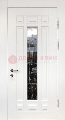 Белая стальная дверь винорит со стеклом и ковкой ДСК-191 в Рузе
