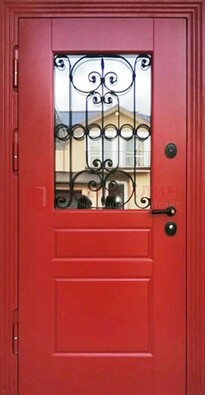 Красная железная дверь Винорит со стеклом и ковкой ДСК-205 в Рузе