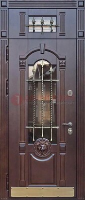 Металлическая дверь массив со стеклом и ковкой с фрамугой ДСК-249 в Рузе