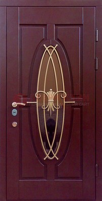 Бордовая стальная дверь Винорит со стеклом и ковкой ДСК-263 в Рузе