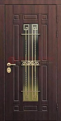 Уличная коричневая дверь с виноритом и панелью Тисненый орех ДВТ-95 в Рузе