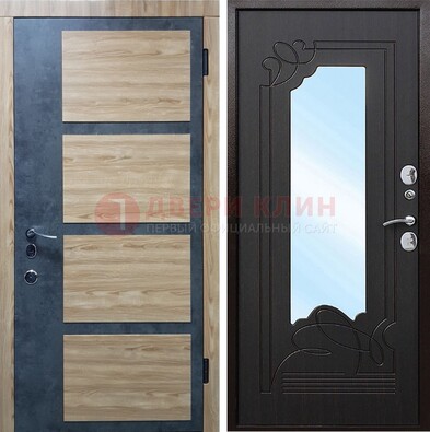 Металлическая дверь Темный орех c фрезерованной МДФ с зеркалом ДЗ-103 в Рузе