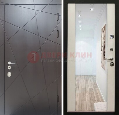 Железная коричневая дверь со светлой МДФ внутри и зеркалом ДЗ-125 в Рузе