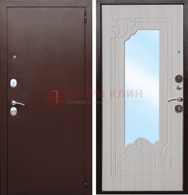 Коричневая металлическая дверь с зеркалом МДФ внутри ДЗ-33 в Рузе
