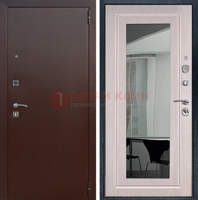 Входная дверь с порошковым напылением Медный антик/Белый дуб с зеркалом ДЗ-63 в Рузе