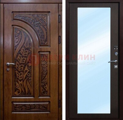 Коричневая входная дверь c узором и виноритом МДФ с зеркалом ДЗ-98 в Рузе
