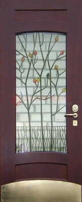 Бордовая стальная дверь с витражом и декоративным элементом ВЖ-3 в Рузе